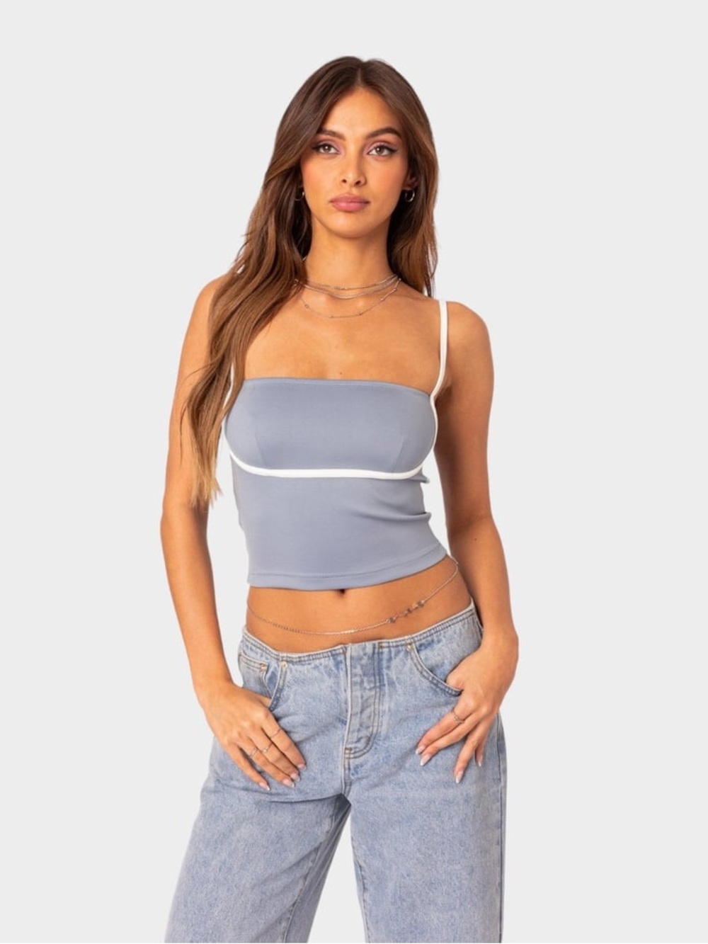 Edikted Light Blue Spaghetti Strap Crop Top with White Trim